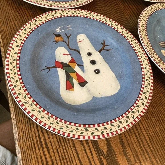 Sakura Snowman Debbie Mumm Set- 4 Christmas 8 1/4" Lunch Salad Plates Stoneware - Picture 4 of 11